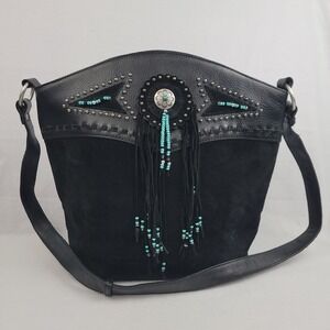Vintage Back Leather Fringe Beaded Studded   Handbag Tassel Turquoise Western